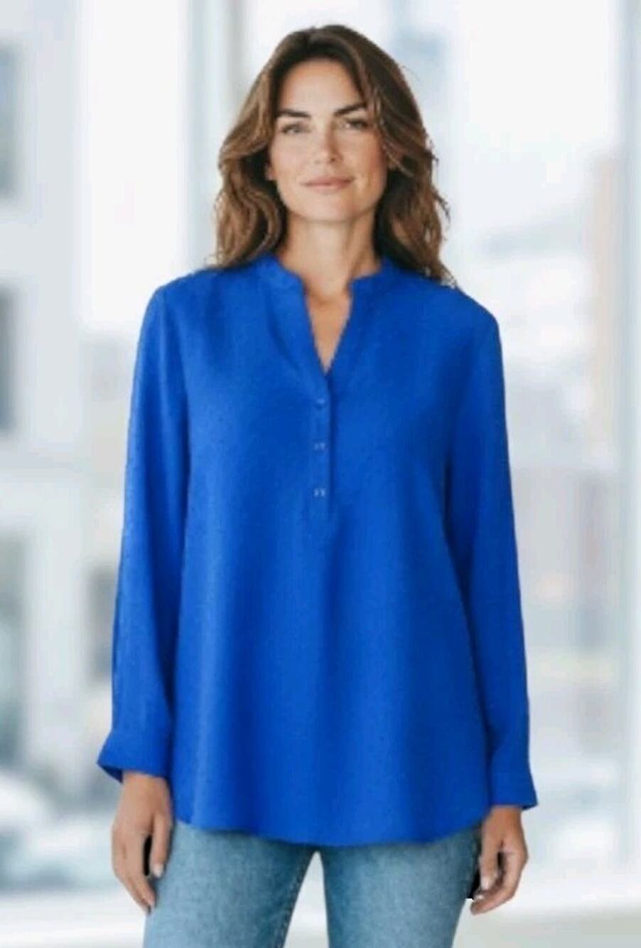 Paradis Forever Large L Long-Sleeve Tunic Blue Button-Up V-Neck Textured Blouse